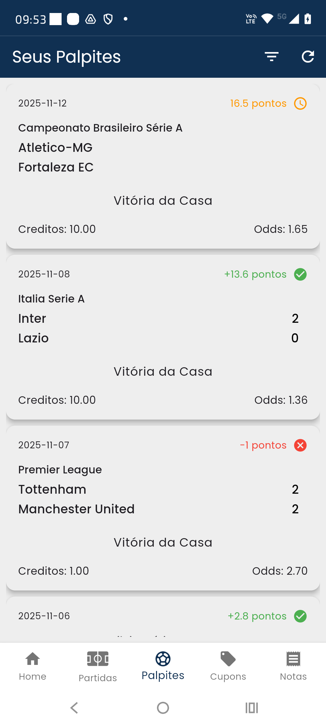 Tela de palpites