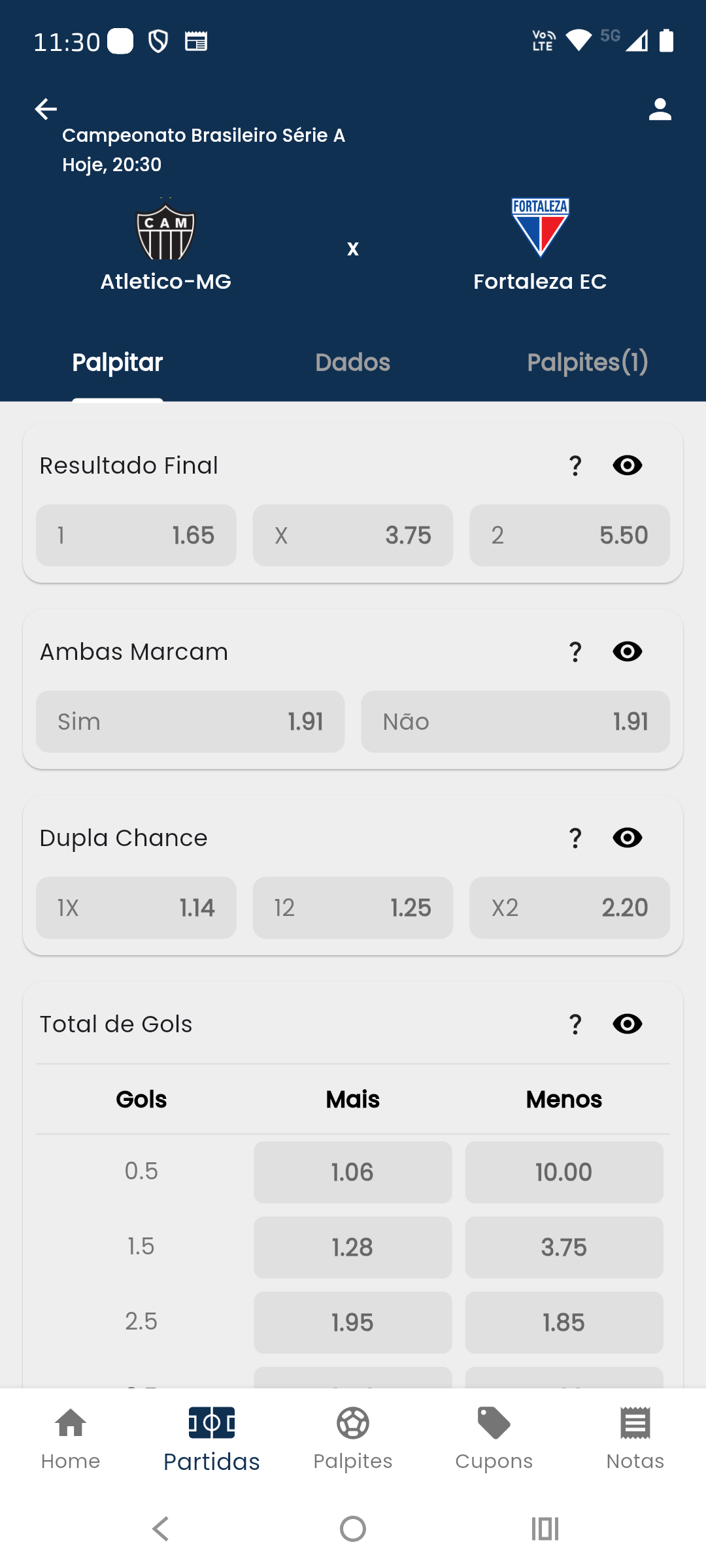 Tela de palpites de jogo