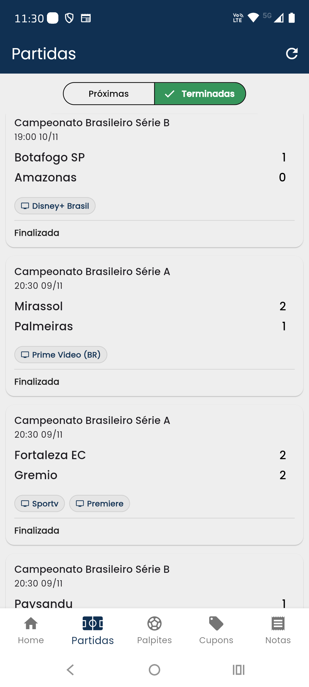 Veja todas partidas finalizadas