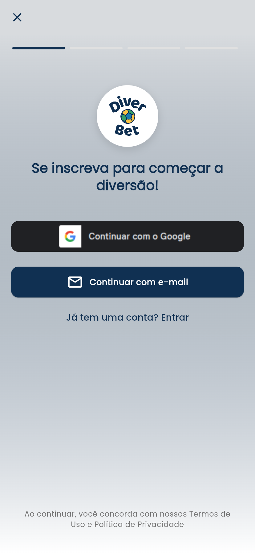 Tela de cadastro e login